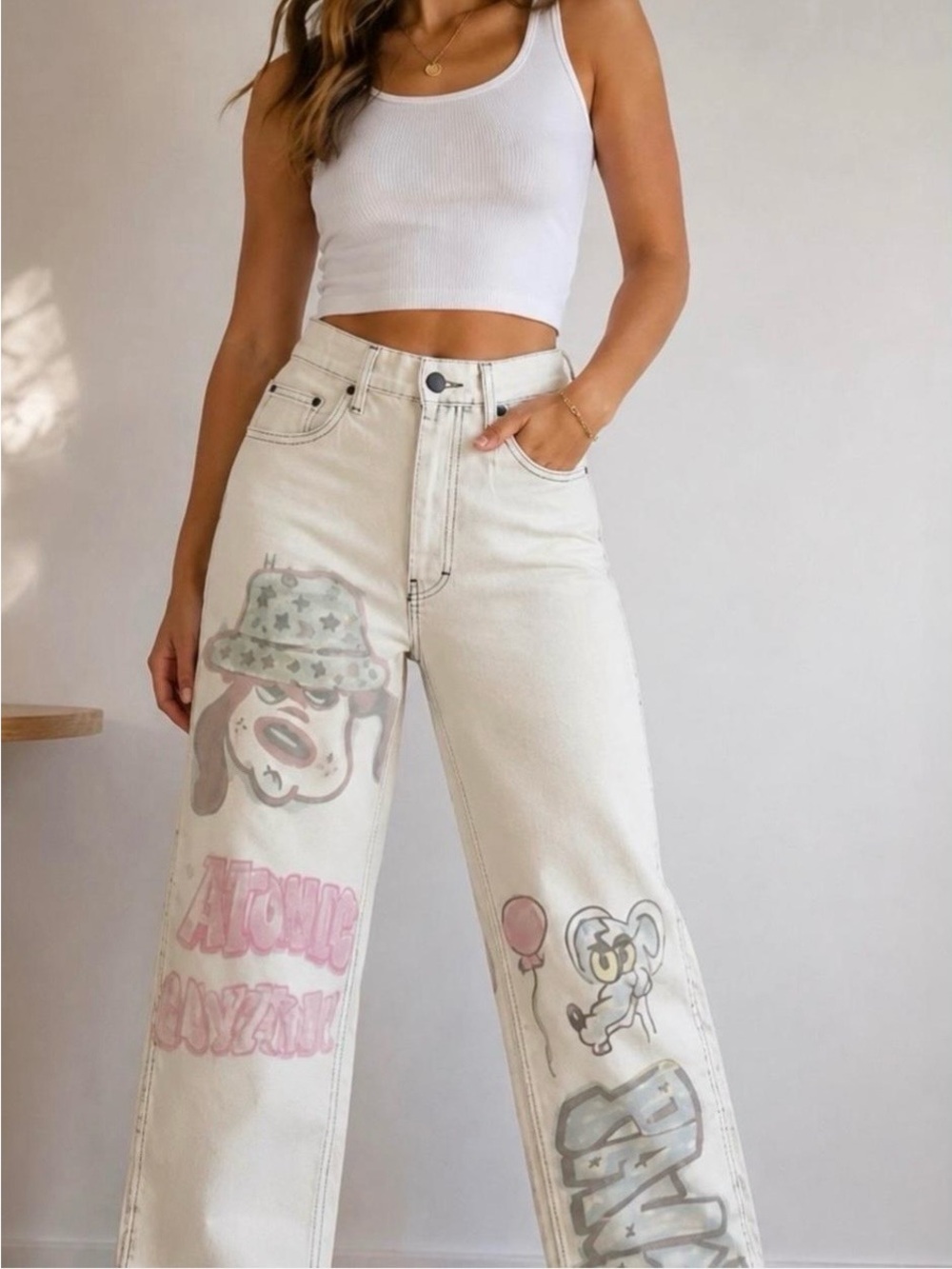 Bershka 90s Wide Graffiti Cartoon Denim Jeans